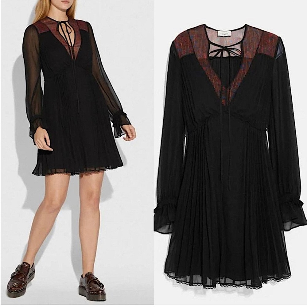 Coach 1941 NWT Print Pleated Dress With Neck Tie Black 4